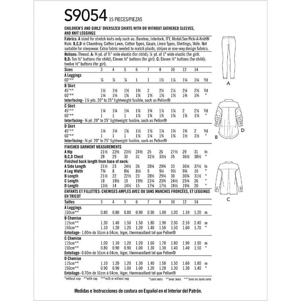 Simplicity‎ Sewing Pattern 9054 10434 Oversized Shirts Leggings Girls 3-6